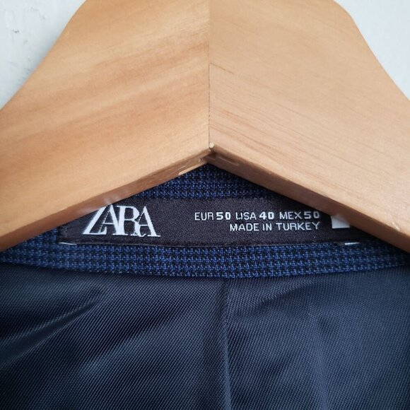 Zara Houndstooth Blazer Suit Jacket Coat Navy Blue Sz Men's 40 Regular Fit Lined - Picture 2 of 13